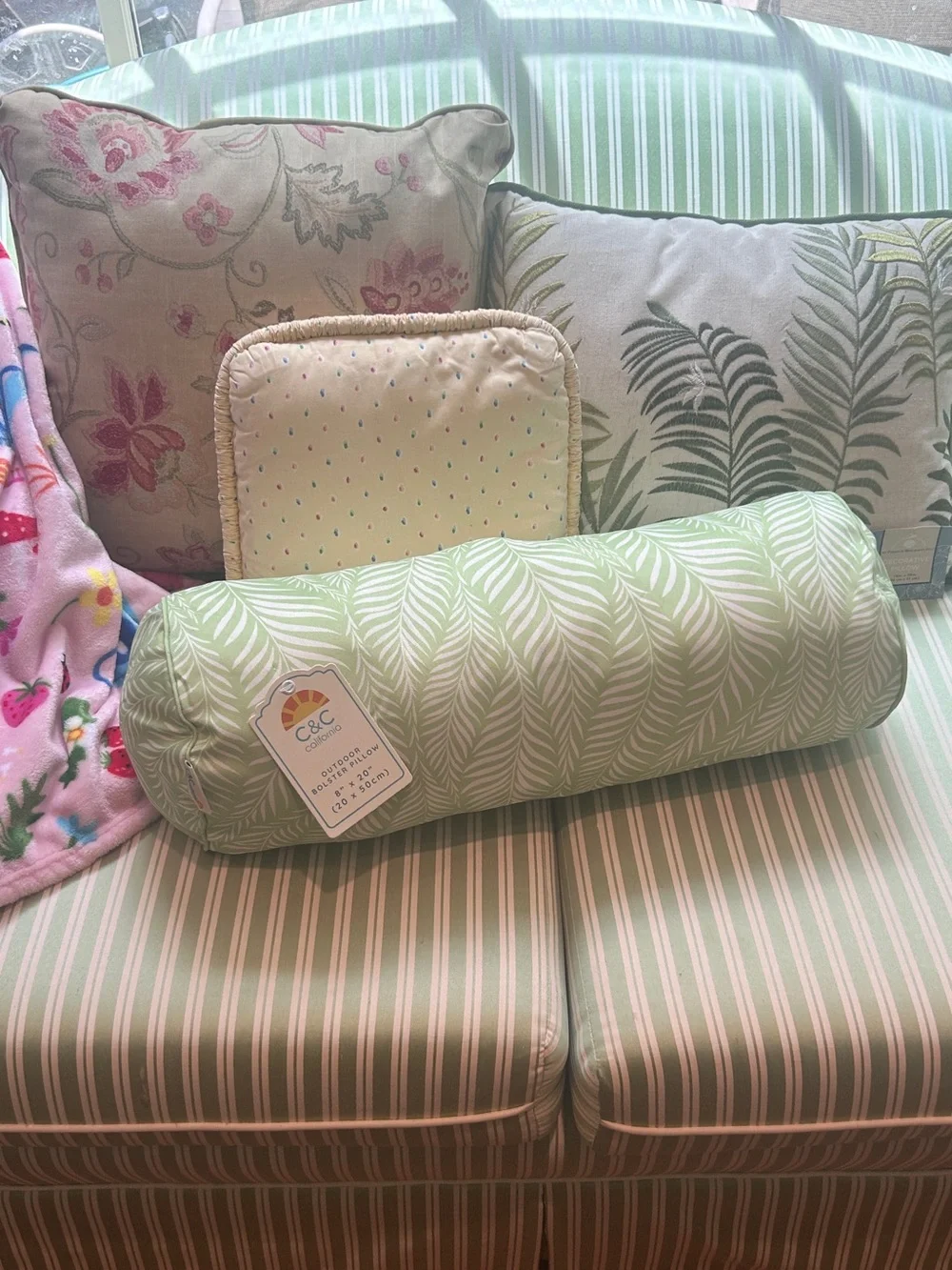2 PC Ferns in Green + White Outdoor Bolster Pillow + Embroidered Palm Pillow NEW